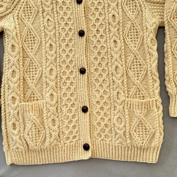 Vintage Irish Wool Sweater Hand Knit Cardigan Collar Ivory Chunky Fisherman READ - Picture 6 of 16